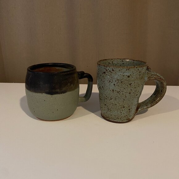 Other - Set of 2 Rustic Stoneware‎ Mugs Green and Brown Speckled Handmade Look